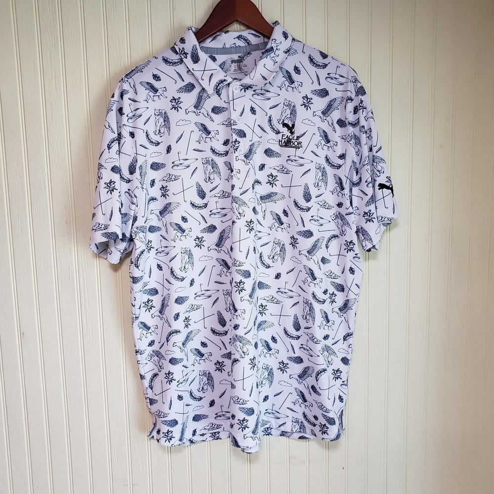 PUMA Polo Shirt Mens L White Winged Dog Golf Print Eagle Harbor Stretch Top - Picture 2 of 7